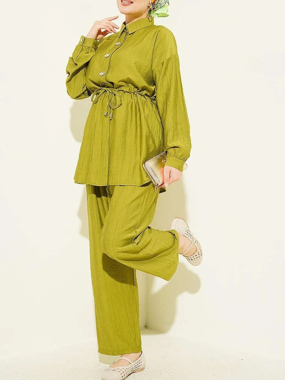 Oil Yellow Tunic Set Rhinestone Buttons Wide Leg Pants Modest XL